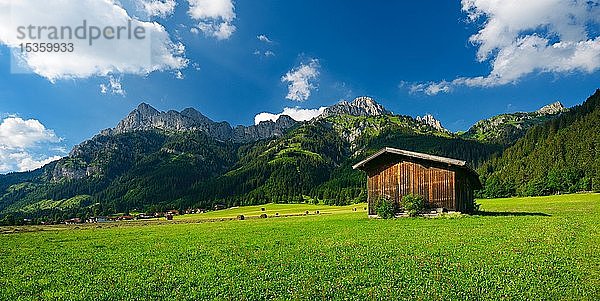 Typische Landschaft in den Alpen  grüne Wiesen  Heuschober und Berge im Tannheimer Tal  Tirol  Österreich  Europa