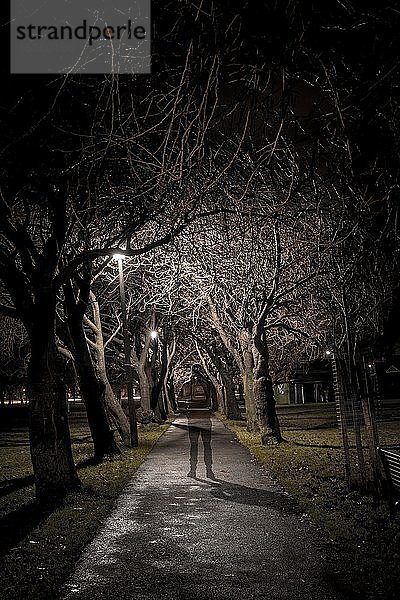 Geisterhafte Silhouette einer dunklen Person auf einem Weg durch eine Allee bei Nacht  düstere Stimmung  Coronation Walk im The Meadows Park  Edinburgh  Schottland  Vereinigtes Königreich  Europa