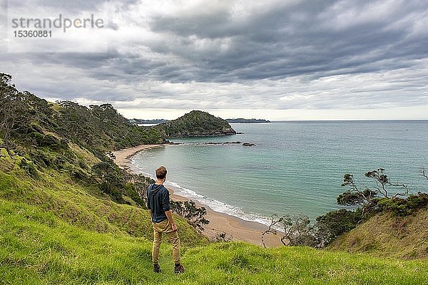 Junger Mann schaut über eine Bucht  Strand und Bucht Daisy Bay  Northland  Nordinsel  Neuseeland  Ozeanien