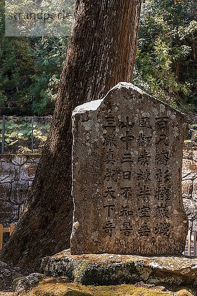 Alte Steintafel mit japanischer Schrift auf dem Pilgerweg Kumano Kod?  Hirou-jinja Shinto-Schrein  Nachisan  Wakayama  Japan  Asien
