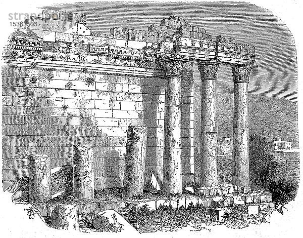 Korinthische Kapitelle in Baalbek  1860  historischer Holzschnitt  Libanon  Asien
