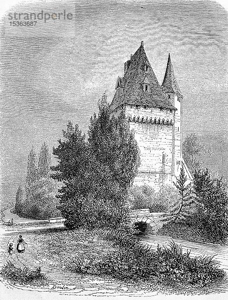 Bergfried  kype  eine Art Wehrturm  Donjon  1860  historischer Holzschnitt  Frankreich  Europa