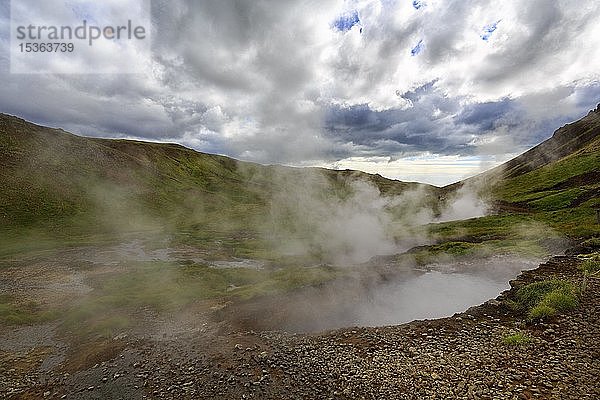 Heißer Quellendampf im Tal  Geothermalgebiet Reykjadalur  bewölkter Himmel  Hveragerði  Hveragerdi  Island  Europa