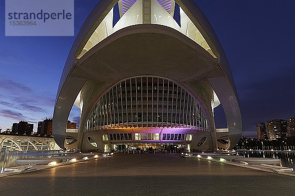 Oper  Palau de Les Arts Reine Sofia  Dämmerung  Blaue Stunde  CAC  Ciutat des les Arts i les Ciències  Architekt Santiago Calatrava  Valencia  Spanien  Europa