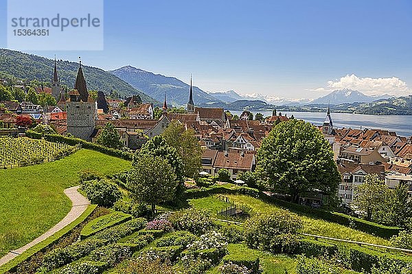 Stadtansicht mit Zytturm  Kapuzinerturm und Kirche  Altstadt mit Zugersee  Rigi im Hintergrund  Pilatus  Zug  Kanton Zug  Schweiz  Europa