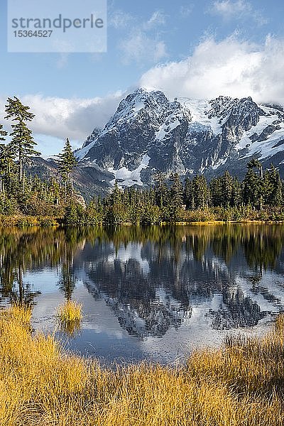 Mount Shuksan mit Spiegelung im Picture Lake  Wald vor Gletscher mit Schnee  Eis und Felsen  Mount Baker-Snoqualmie National Forest  Washington  USA  Nordamerika