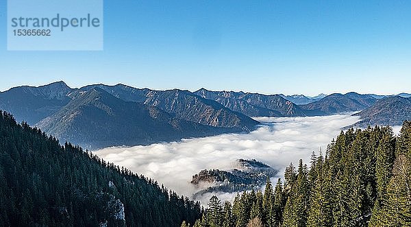 Blick auf Berggipfel mit Nebel über dem Tal  Wanderweg zum Breitenstein  Fischbachau  Bayern  Deutschland  Europa