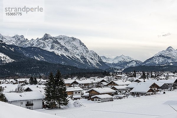Schneebedeckte Häuser im Winter  Berge im Hintergrund  Wallgau  Oberbayern  Bayern  Deutschland  Europa