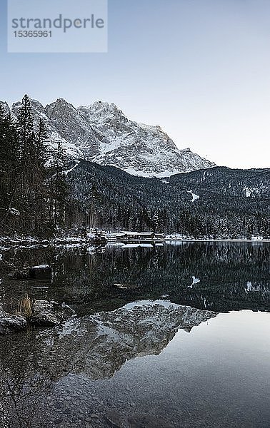Schneebedeckte Zugspitze spiegelt sich im Eibsee im Winter  Wettersteingebirge  Grainau  Oberbayern  Bayern  Deutschland  Europa
