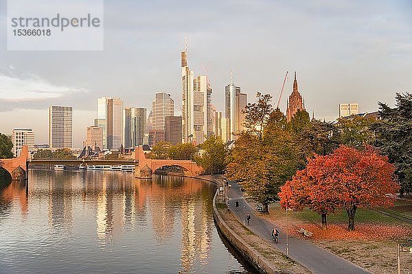 Die Alte Brücke über den Main mit Skyline  Hochhäuser im Bankenviertel im Morgenlicht  Frankfurt am Main  Hessen  Deutschland  Europa