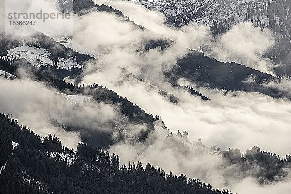 Aufsteigende Wolken an einem bewaldeten Berghang  Brixen im Thale  Brixental  Tirol  Österreich  Europa