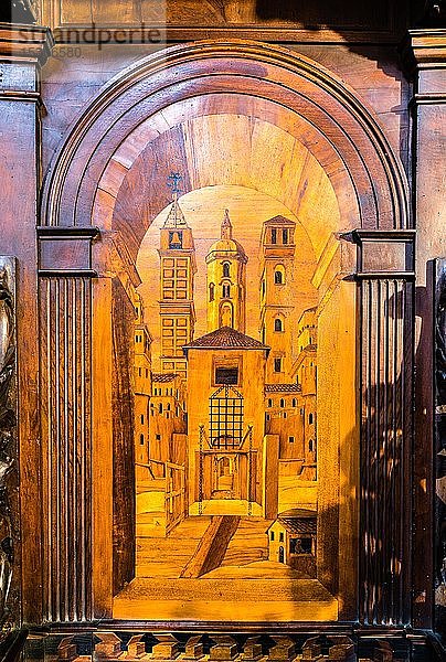 Intarsien einer Stadt im Chorgestühl von Giuseppe und Cristoforo Mantelli  1546  Renaissance  Basilika San Prospero  Reggio Emilia  Emilia-Romagna  Italien  Europa