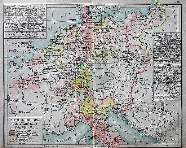 Karte von Mitteleuropa zur Zeit Kaiser Wilhelms I.  1880  historische Illustration  Italien  Europa