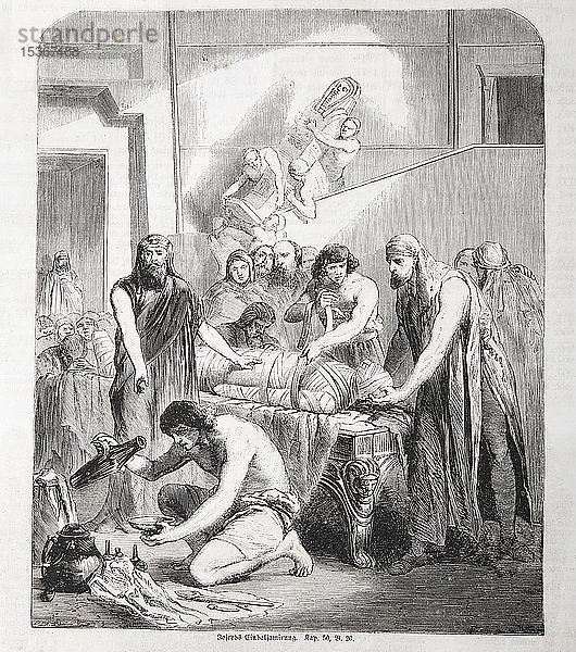 Josephs Einbalsamierung  Historische Illustration in einer alten Bibel  von 1886  Altes Testament  Heilige Schrift  Deutschland  Europa