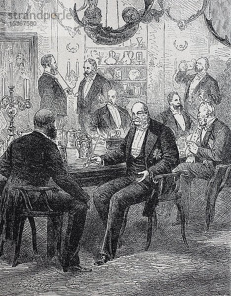 Ein Tabakskollegium ist eine Gruppe von Männern  die sich regelmäßig zum Tabakgenuss und zum geselligen Beisammensein treffen  historische Darstellung  1880  Deutschland  Europa