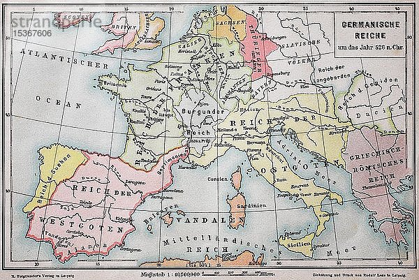 Karte des Germanischen Reiches um das Jahr 526 n. Chr.  historische Illustration  Italien  Europa