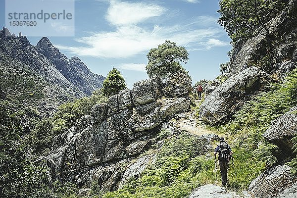 Wanderer in felsiger Landschaft  Sierra de Gredos  Extremadura  Kastilien und Leon  Spanien  Europa