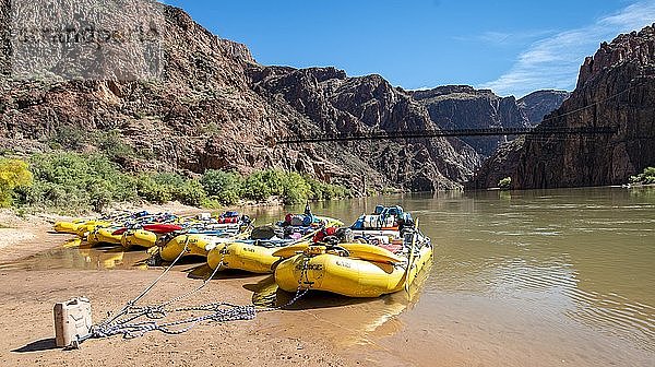 Raftingboote am Ufer des Colorado River  hinter der Kaibab-Hängebrücke  Canyonlandschaft  Grand Canyon National Park  Arizona  USA  Nordamerika