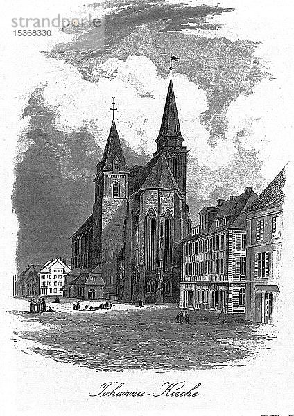 Johanneskirche  Ansbach  Zeichnung und Stahlstich von J. Poppel  1840-54  Königreich Bayern  Deutschland  Europa
