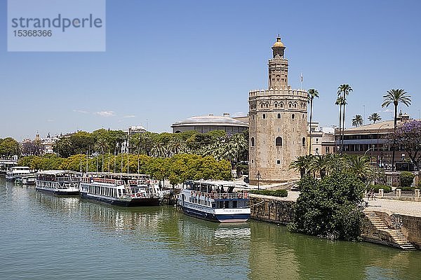 Ausflugsboote auf dem Fluss Guadalquivir  Goldener Turm  Torre del Oro  Sevilla  Andalusien  Spanien  Europa