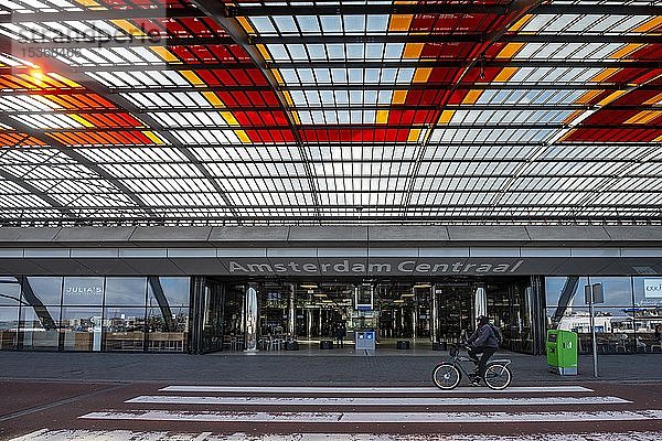 Radfahrer auf Zebrastreifen  Amsterdam Centraal  Hauptbahnhof  Amsterdam  Nordholland  Niederlande