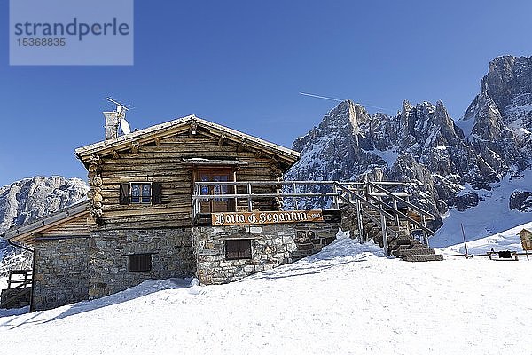 Berghütte im Schnee  Skigebiet San Martino di Castrozza  Dolomiten  Trentino  Südtirol  Italien  Europa