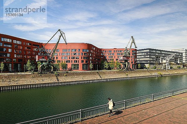 Innenhafen Duisburg mit dem wellenförmigen Gebäude des Landesarchivs NRW  anderen modernen Bürogebäuden und alten Hafenkränen  Duisburg  Ruhrgebiet  Nordrhein-Westfalen  Deutschland  Europa