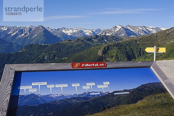 Informationstafel mit Bergpanorama und Gipfeln der Zillertaler Alpen  Blick von der Zillertaler Höhenstraße  Zillertal  Tirol  Österreich  Europa