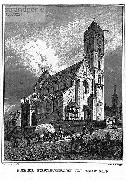 Bamberg  Oberpfarrkirche  Zeichnung von Ed. Gerhardt  Stahlstich von J. Poppel  1840-54  Königreich Bayern  Deutschland  Europa
