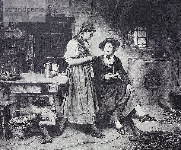 Zwei Bäuerinnen  Freundinnen  1880  historischer Holzschnitt  Deutschland  Europa