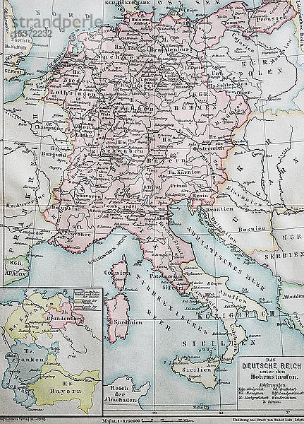 Karte  das Deutsche Reich unter den Staufern  um 1200  historische Illustration  Italien  Europa