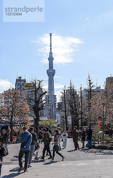 Fußgänger in einer Fußgängerzone  hintere Wolkenkratzer und der Tokyo Skytree  Asakusa  Tokio  Japan  Asien