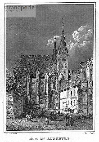 Dom  Augsburg  Zeichnung von Ed. Gerhardt  Stahlstich von J. Poppel  1840-1854  Königreich Bayern  Deutschland  Europa