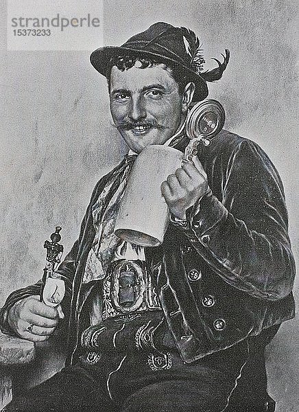 Bayerischer Mann in Tracht mit Bierkrug und Pfeife in der Hand  1899  historische Illustration  Deutschland  Europa