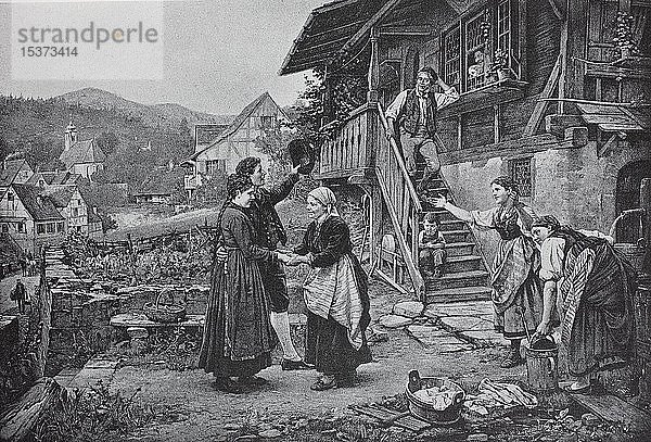 Willkommen  Familie begrüßt den Besuch und die Besucher  1899  historische Illustration  Deutschland  Europa