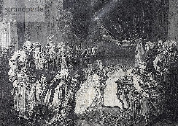 Das Sterbebett von Joseph II  1741-1790  Kaiser des Heiligen Römischen Reiches  1790  historischer Holzschnitt  Frankreich  Europa