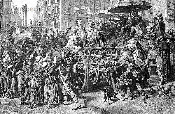 Die letzten Momente der Girondisten auf dem Weg zur Guillotine  Hinrichtung  Französische Revolution  historische Illustration  1880  Frankreich  Europa