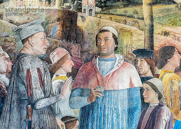 Treffen des Fürsten Ludovico mit seinem Kardinalsohn Francesco  Fresko von Andrea Mantegna  1465-1474  Renaissance  Camera degli Sposi  Castello di San Giorgio im Palazzo Ducale  Mantua  Lombardei  Italien  Europa