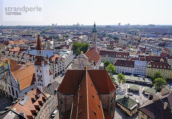 Blick auf die Altstadt  Dach der Peterskirche  Altes Rathaus und Heiliggeistkirche  München  Oberbayern  Bayern  Deutschland  Europa