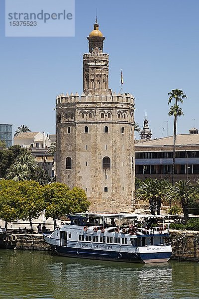 Guadalquivir Flusskreuzfahrtschiff  Goldturm  Torre del Oro  Sevilla  Andalusien  Spanien  Europa
