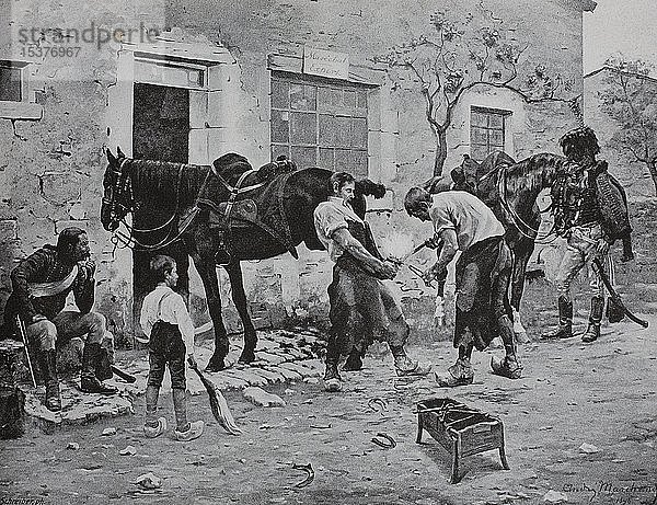 Hufschmied beim Beschlagen der Pferde  vor seiner Schmiede  1899  historische Illustration  England