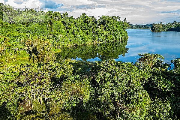 Lac Ravelobe  umgeben von dichtem Regenwald  Ankarafantsika-Nationalpark  Drohnenaufnahme  Madagaskar  Afrika