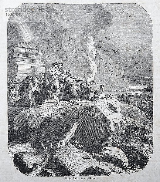 Noahs Opfer  Historische Illustration in einer alten Bibel  von 1886  Altes Testament  Heilige Schrift  Deutschland  Europa