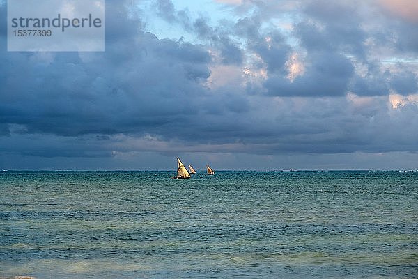Typische Segelboote auf dem Meer mit dunklen Wolken  Dhau  Sansibar  Indischer Ozean  Tansania  Afrika