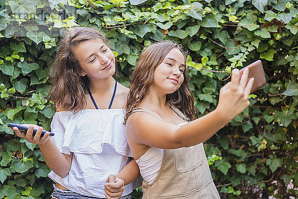 Junge Mädchen  die auf Efeu-Hintergrund ein Selfie machen