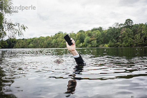 Geschäftsmann hält sein Handy in der Hand in einem See