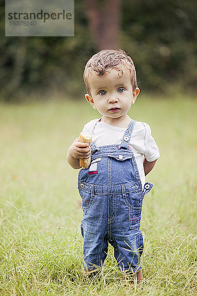 Porträt eines kleinen Jungen in Denim-Latzhose auf einer Wiese stehend
