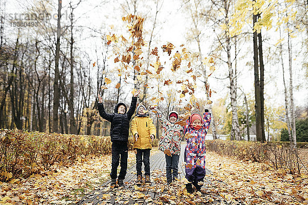 Gruppe von vier Kindern spielt mit Herbstblättern