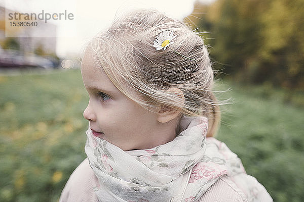 Blondes kleines Mädchen mit Kamille im Haar