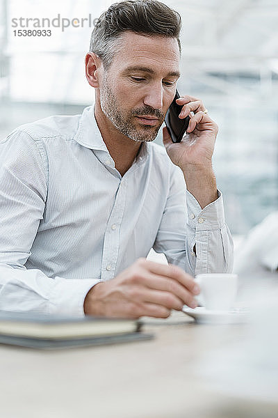 Porträt eines Geschäftsmannes in einem Cafe beim Telefonieren